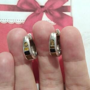925 Sterling Silver Huggie Round Hoop Earrings Inlayed Tiger Eye